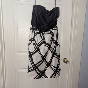 Strapless, abstract print black and white a line dress
